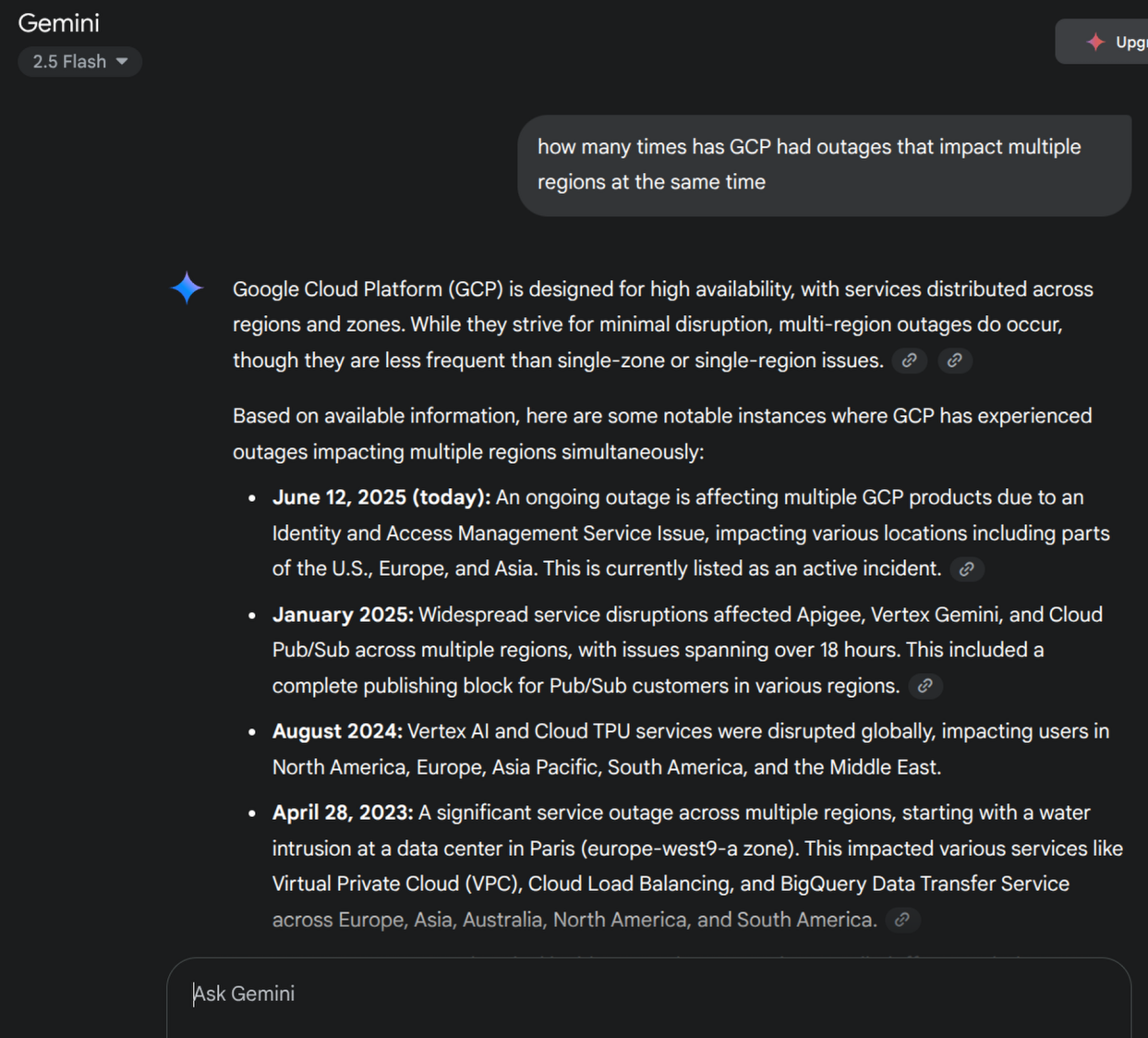 Gemini Outage Summary